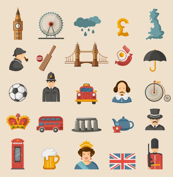 London Uppsättning London Stadssymboler Vektorillustrationer För England Och Förenade Kungariket Stockvektor