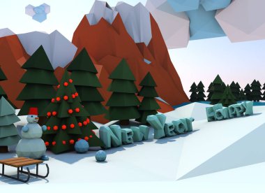 Düşük polyester modelleme tarzında yeni yıl kompozisyonu. Dağlı ve orman manzaralı doğal manzara, doğal manzara üzerinde Noel ağacı olan kardan adam. 3B Hazırlama.