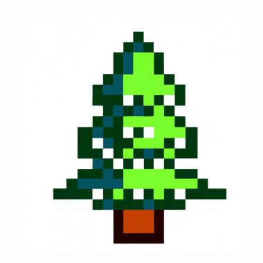 Beyaz arka planda izole edilmiş 8 bit piksellik Noel ağacı çizimi. Retro 8 bit pikselli sanat tarzı Noel ağacının basit bir simgesi. Oyun konsolunda oynanan eski atari oyunlarında kullanılabilir.
