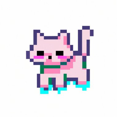 Sevimli kedi yavrusunun klasik 8 bit pikselli resim çizimi. Oyun konsolunda oynanan eski oyun oyunlarında kullanılan sevimli kedi yavrusunun Retro 8 bit pikseli resim tarzı.
