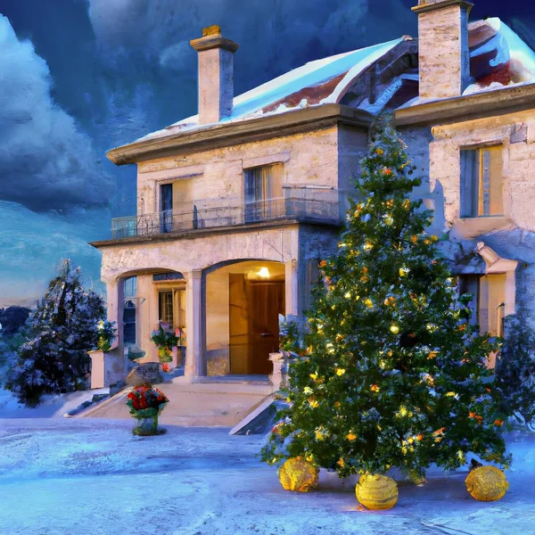 Una Vista Casa Moderna Lujo Jardín Invierno Con Árbol Navidad —  Fotos de Stock
