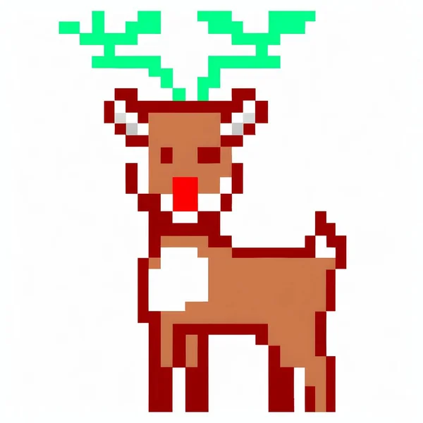 Boże Narodzenie Jeleń Czerwonym Nosem Białym Tle Pixel Art Style — Zdjęcie stockowe
