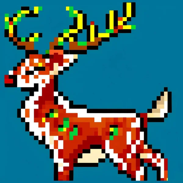 Christmas Deer Red Nose Blue Background Pixel Art Style Illustration — Stock Photo, Image