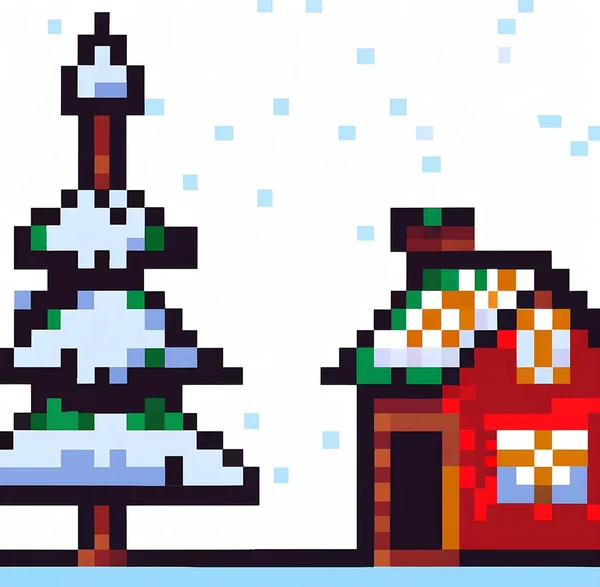冬は雪とクリスマスツリーと家 ピクセルアートスタイルのイラスト クリスマス時に赤い家と木がある雪景色のピクセルイラスト — ストック写真