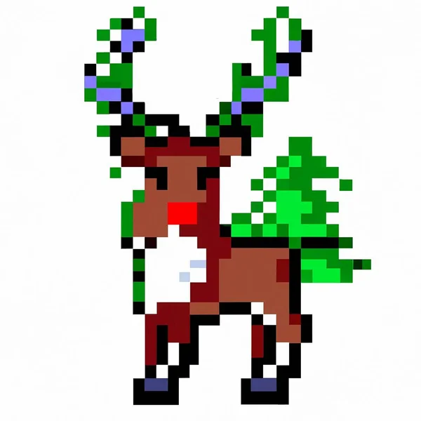 Cervo Natalizio Con Naso Rosso Sfondo Bianco Illustrazione Stile Pixel — Foto Stock