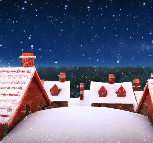 Abstract illustration of a picturesque village with red houses and snow on the roofs at night with a starry sky.
