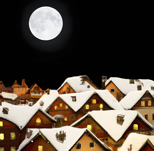 Abstract illustration of a picturesque town or village with houses and snow on the roofs at night with a big moon on the black dark sky.