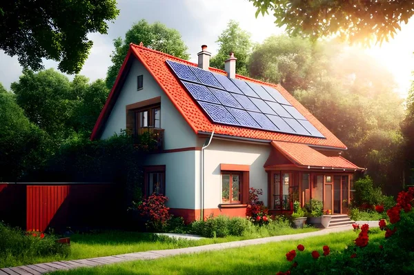 赤い屋根の上に白いファサードとソーラーパネルを持つモダンな家族の家 日没時に庭に太陽の屋根を持つ家 屋上の太陽光パネル付きの家の後ろの日没の光 3Dレンダリング — ストック写真