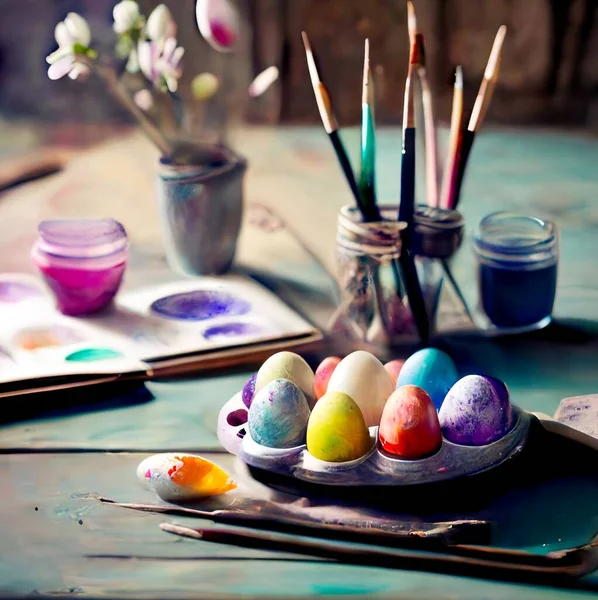 Tabletop with color easter eggs, brushes and paints. Desk with painting equipments for painting an easter eggs. Easter eggs, paint brushes and jars of paints color laid out on the working desk. 3D illustration