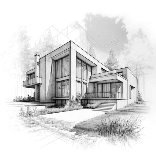 新しい2階建ての近代的な家の建築スケッチ 家のスケッチの絵 近代的な2階建ての家の技術的な描画 3Dイラスト — ストック写真