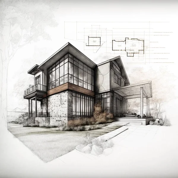 新しい2階建ての近代的な家の建築スケッチ 家のスケッチの絵 近代的な2階建ての家の技術的な描画 3Dイラスト — ストック写真