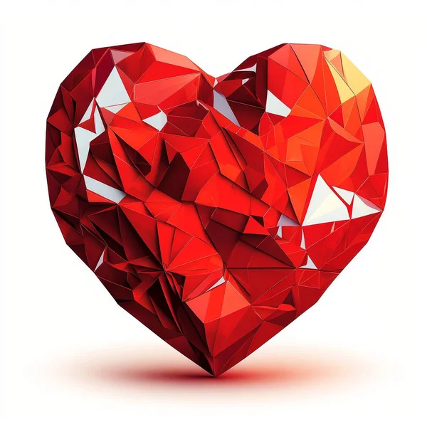 A shape of valentine red heart made from polygons. Abstract illustration of geometric polygonal valentine red heart. Shiny diamond valentine heart. 3D illustration