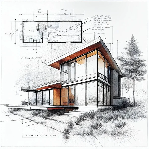 Architectural Sketch New Double Storey Modern House Painting House Sketch — Stockfoto
