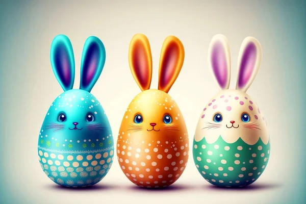 Cute Funny Easter Eggs Painted Bunny Head Three Bunny Easter — Stock fotografie
