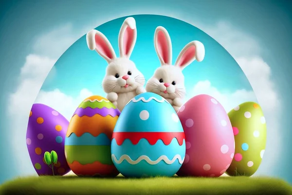 Cute White Funny Bunnies Painted Color Easter Eggs Colored Easter — Stock fotografie