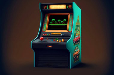 Retro arcade game machine on dark background. Vintage multi video game arcade machine. 3D illustration.