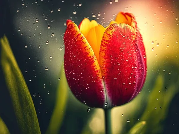 Closeup of bright and colorful red tulip blossom with yellow edges in rain. Drops of water on red tulip during rain. A drops of water falling down on red tulip. 3D illustrations.