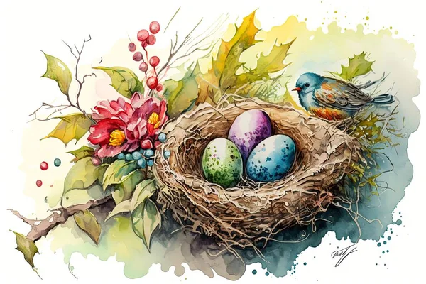 Watercolor painting of Easter nest. Easter bird nest with color eggs. Easter decoration.