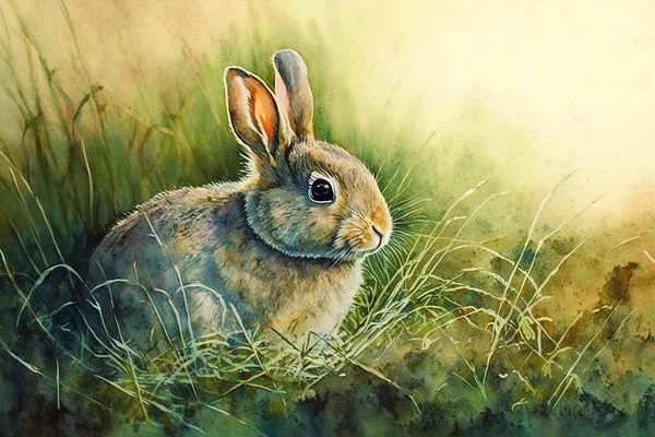 Watercolor painting of rabbit in green grass. Abstract watercolor illustration of fluffy rabbit. Illustration