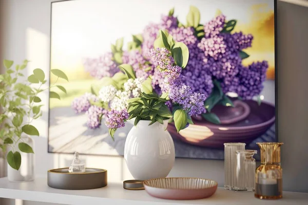 Purple lilac illuminated of daylight in a vase. Home interior decoration of lilac in a vase. 3D illustration.