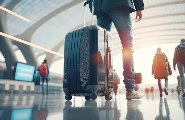 Business Traveler Walking Airport Departure Area Suitcase Bright Sunlight Background —  Fotos de Stock