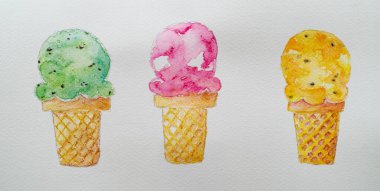 Beyaz arka planda izole edilmiş, farklı renk ve şekillerde suluboya dondurma.