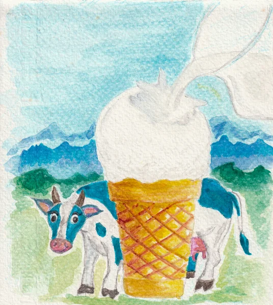 北海道牛奶明胶冰淇淋筒和一杯牛奶与奶牛卡通背景 水彩画 — 图库照片