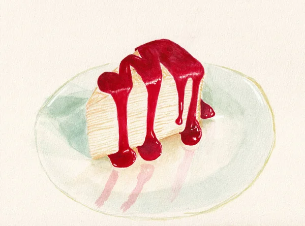 Vanille Crêpe Kuchen Mit Erdbeersoße Auf Glasplatte Auf Weißem Hintergrund — Stockfoto