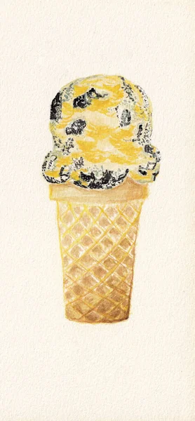 ホワイトモルトミルクククッキーとホワイトバックグラウンドのワッフルコーンでクリームアイスクリーム ウォーターカラー — ストック写真