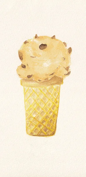 Raisin Rum Ice Cream Waffle Cone White Background Watercolor — Stock Photo, Image