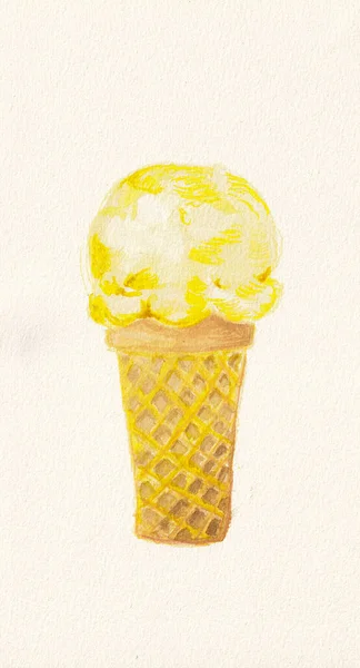 柠檬酸奶雪糕在华夫饼锥白色背景 水彩画 — 图库照片