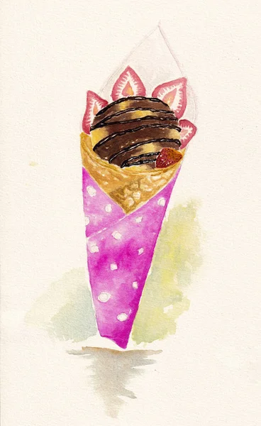 Schokoladenbananen Eis Und Erdbeer Crêpe Rosa Papier Auf Weißem Hintergrund — Stockfoto