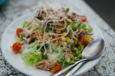 Tuna salad with mayonnaise on a white plate