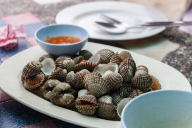 Beyaz tabakta deniz ürünleri soslu haşlanmış Cockle.