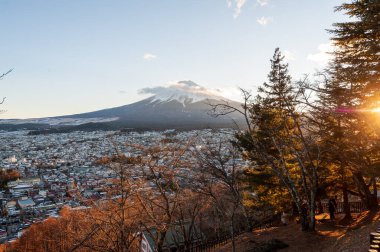 Shimoyoshida, Japan - December 27, 2019. Exterior of mount fuji a seen from the famous Chureito Pagoda