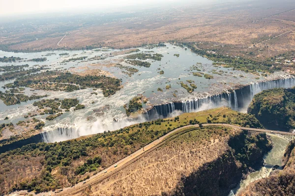 Letecký Snímek Viktoriiných Vodopádů Hranici Zimbawe Zambie — Stock fotografie