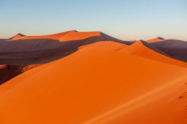 Namibya Sossusvlei kumullarının dış görüntüsü ünlü kum tepeciklerinin yakınında, güneş doğarken.