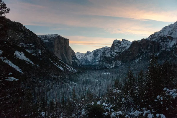 Panoramic View Yosemite Valley Tunnel View Showing Snow Covered Valley — Photo