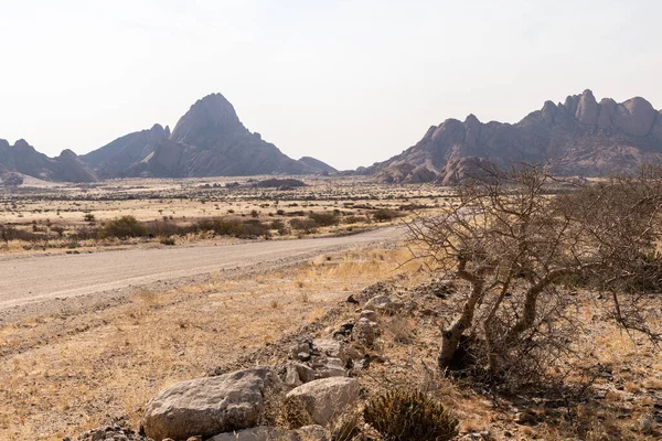 纳米比亚著名的地标Spitzkoppe附近相对绿色的沙漠景观 — 图库照片
