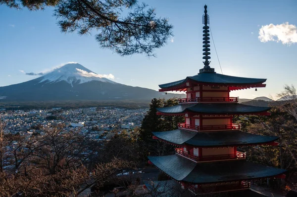 Shimoyoshida, Japan - December 27, 2019. Outdoor shot of the famous Chureito Pagoda and mount fuji near sunset.