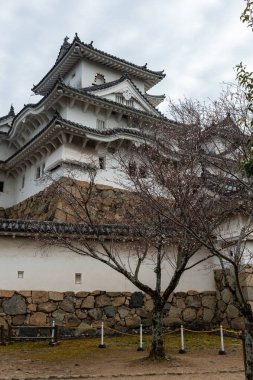 Himeji, Japonya - 6 Ocak 2020. Ünlü Himeji şatosunun dışında. Geleneksel yollarla inşa edilmiş birkaç Japon kalesinden biridir..