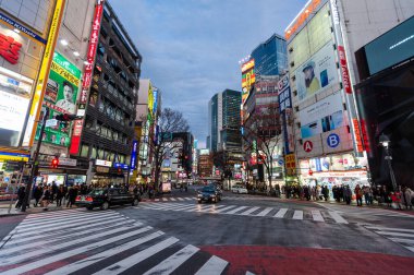 Tokyo, Japan - January 9, 2020. Exterior of the busy streets of Tokyo, near the famous Shibuya Crossing.