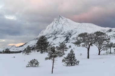 Snow landscape in the mountains of arctic Norway in winter