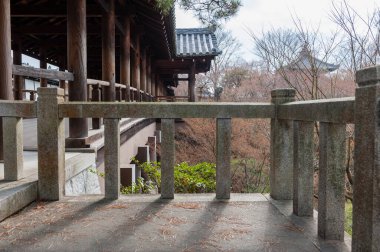 Kyoto, Japan - December 29, 2019. Exterior shot of the Senqukukan Canyon gardens and Tsutenkyo bridge in Kyoto, part of the Tofuki-Ji Temple complex.