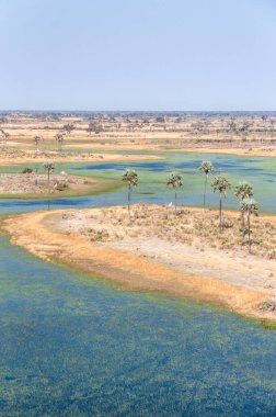 Botswana 'daki Okavango Deltası' nın hava görüntüsü. Helikopterden görüldüğü gibi..