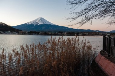 Mount Fuji on a bright winter morning, as seen from across lake Kawaguchi, and the nearby town of Kawaguchiko.