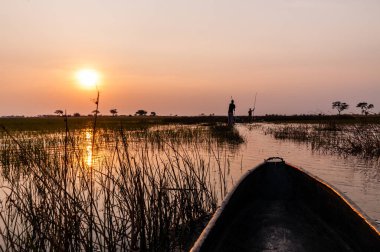 Okavango Delta, Botswana - 3 Ağustos 2022. Bir Mokoro 'nun gözlediği gibi Okavango deltasındaki gün batımına birinci şahıs bakış açısı..