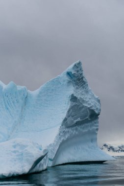 Cuverville adası yakınlarında dağları ve buzdağlarını aydınlatan bir Antarktika manzarası..