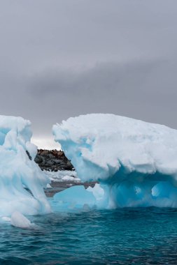 Muhteşem şekiller ve koyu mavi renkler içeren Antarktika deniz buzunun ayrıntıları.