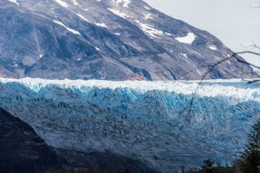 Paine Grande 'den Refugio Grey' e, Torres Del Paine Ulusal Parkı 'ndaki gri göl boyunca uzanan gri buzullar hakkında etkileyici bir bakış açısı, Patagonya, Şili.